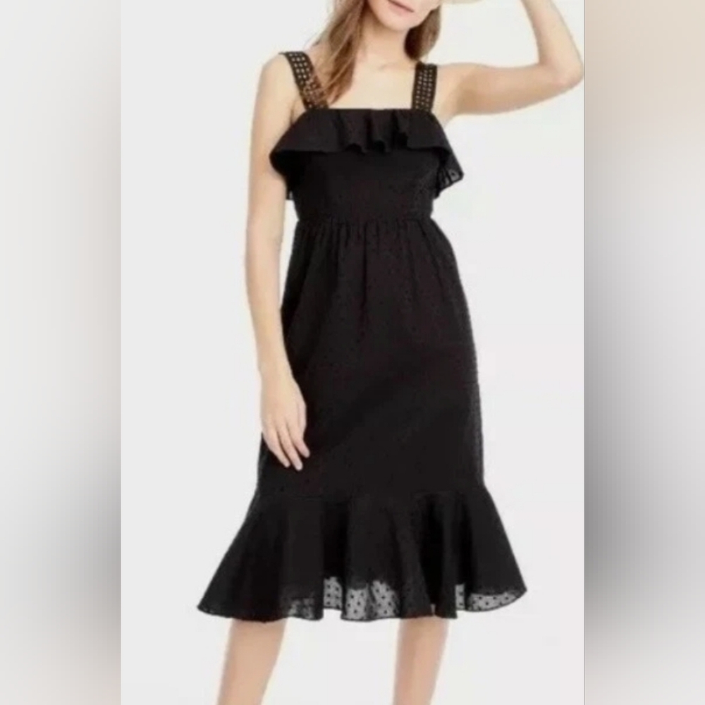 J.Crew Black Cotton Ruffle Dot Sundress Midi Dress Size 0